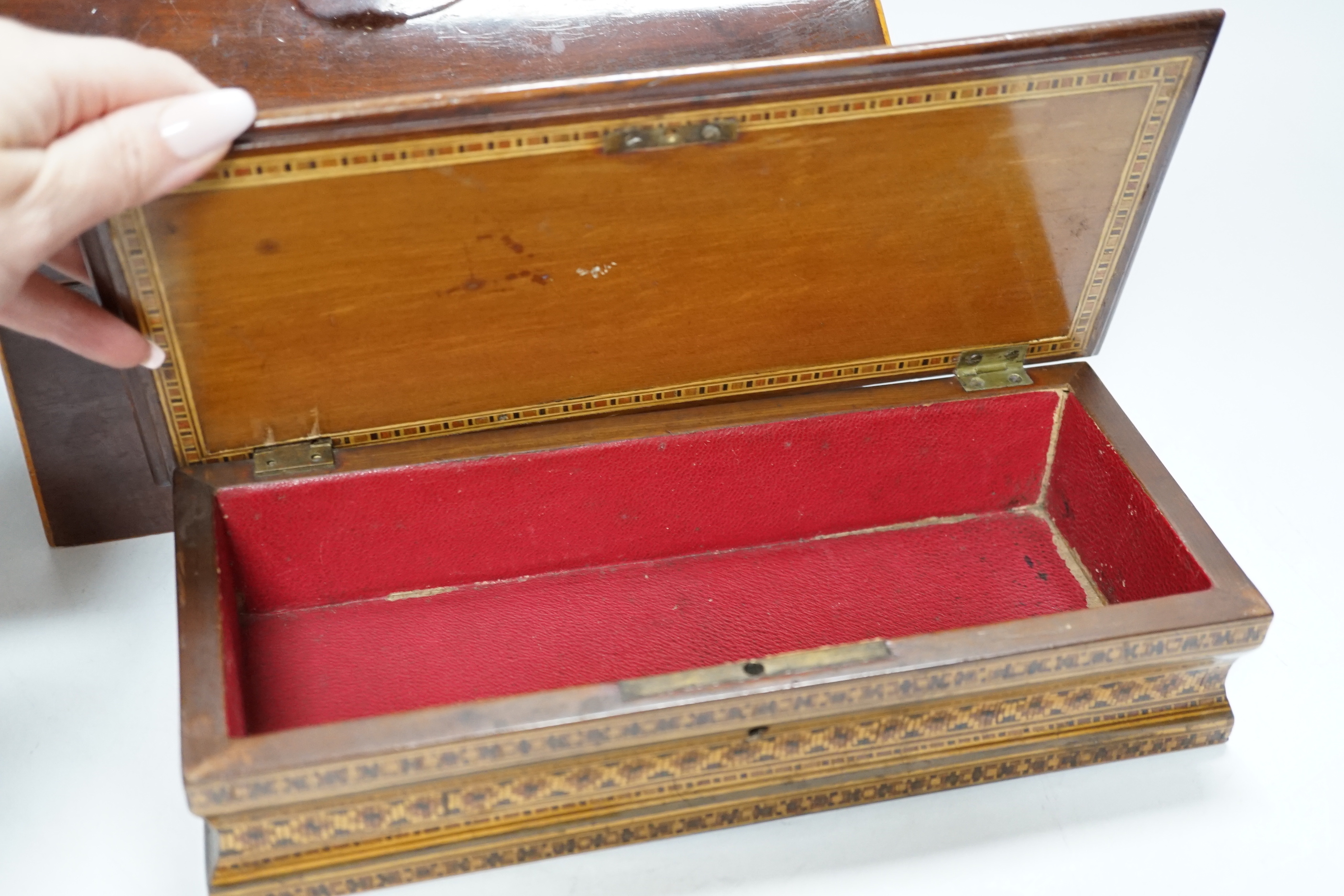 A George III domed box and two Sorrento ware boxes, largest 28cm